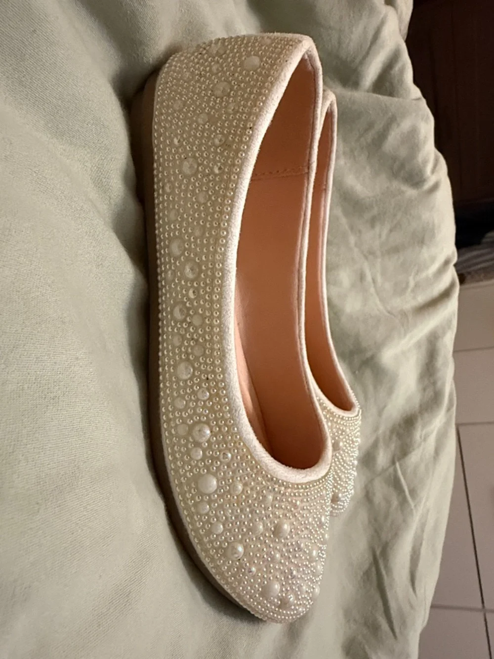 Link White Pearl-Embellished Girls' Ballet Flats - Memory Foam
